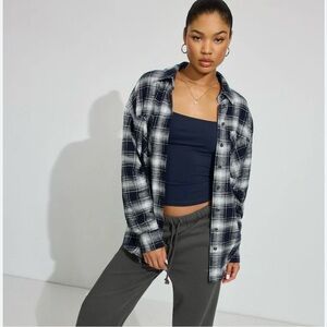 Garage Boyfriend Fit Blue, White & Black Plaid Button-Down Shirt, Size Small